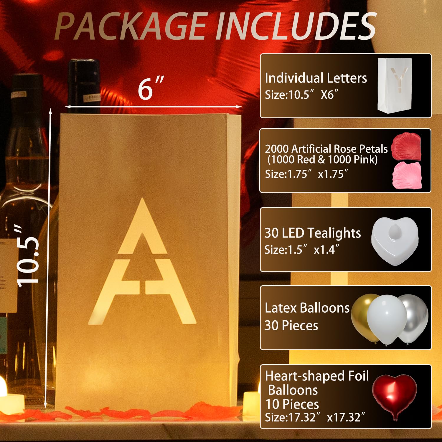 Decoraciones de feliz cumpleaños para mujeres y hombres, juego sorpresa con letras iluminadas, bolsas de papel luminosas, 30 velas LED de té, globos de corazón rojo, 1000 pétalos de rosa