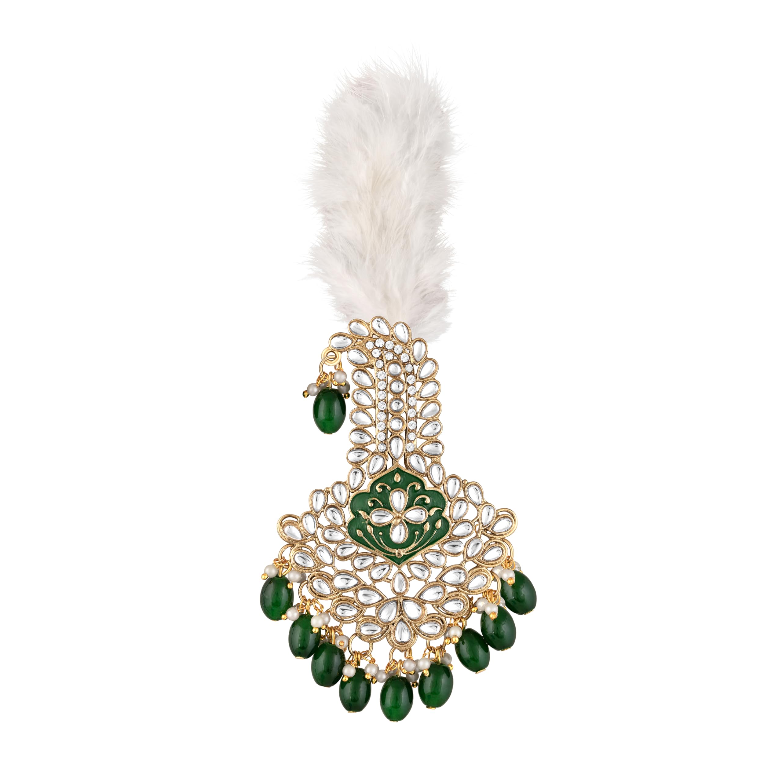 Green and White Crystals Kalangi with Feather Pagri Turban Brooch for Groom/Men (KL1001017GGre)