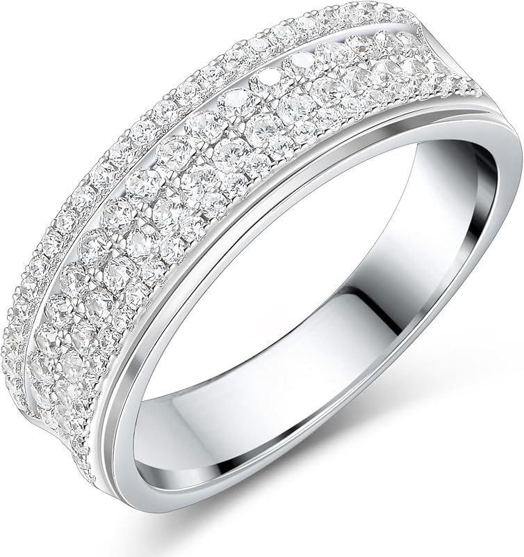 Men 4-Row Moissanite Band Silver Plated 88 Round Cut Stones