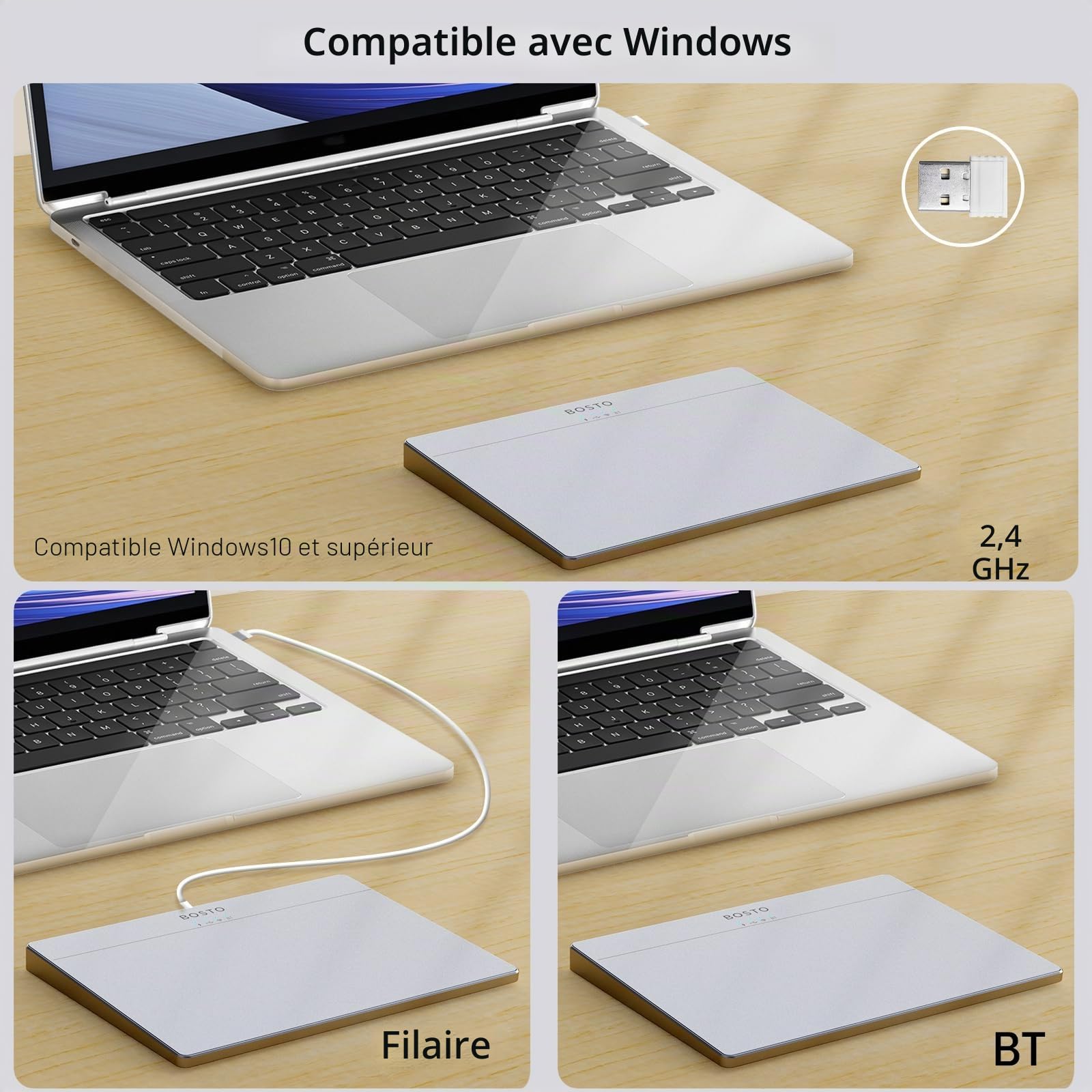 Pavé Tactile sans Fil Trackpad en Verre trempé Ultra Fin pour Ordinateur de Bureau, Ordinateur Portable, Utilisateur de PC avec Batterie Rechargeable pour Système 10/11