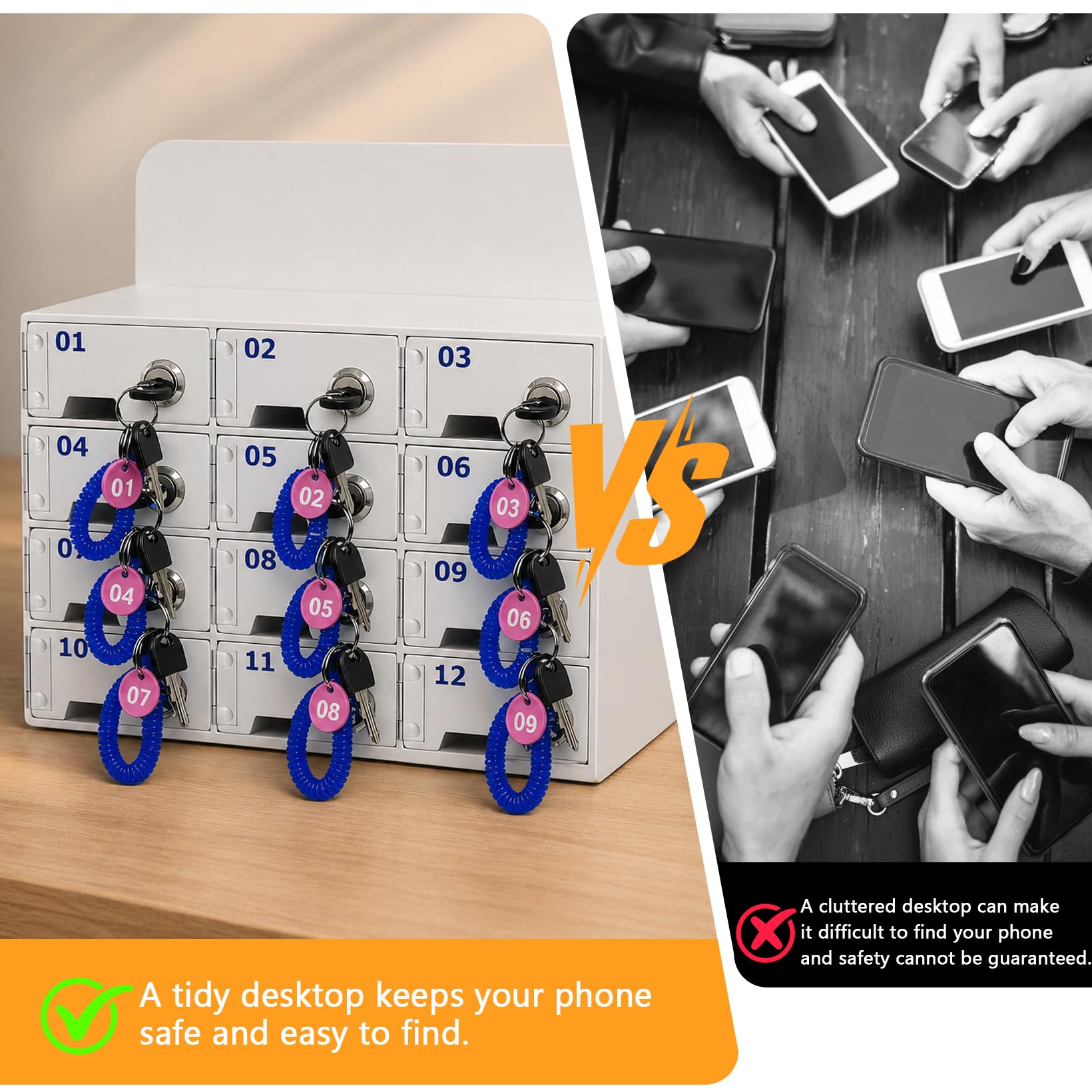 Guarda-Móviles 12 Compartimentos, Caja Guarda-Móviles de Pared con Llave y Puerto Carga, Armario de Carga para Teléfonos Móviles con Pulsera y Placa Identificativa, para Colegios y Fábricas