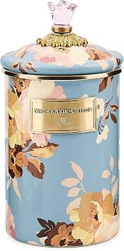 MACKENZIE-CHILDS Enamel Canister, Kitchen Storage Container with Lid, Large, 64-Ounce Capacity, Wild Rose Slate