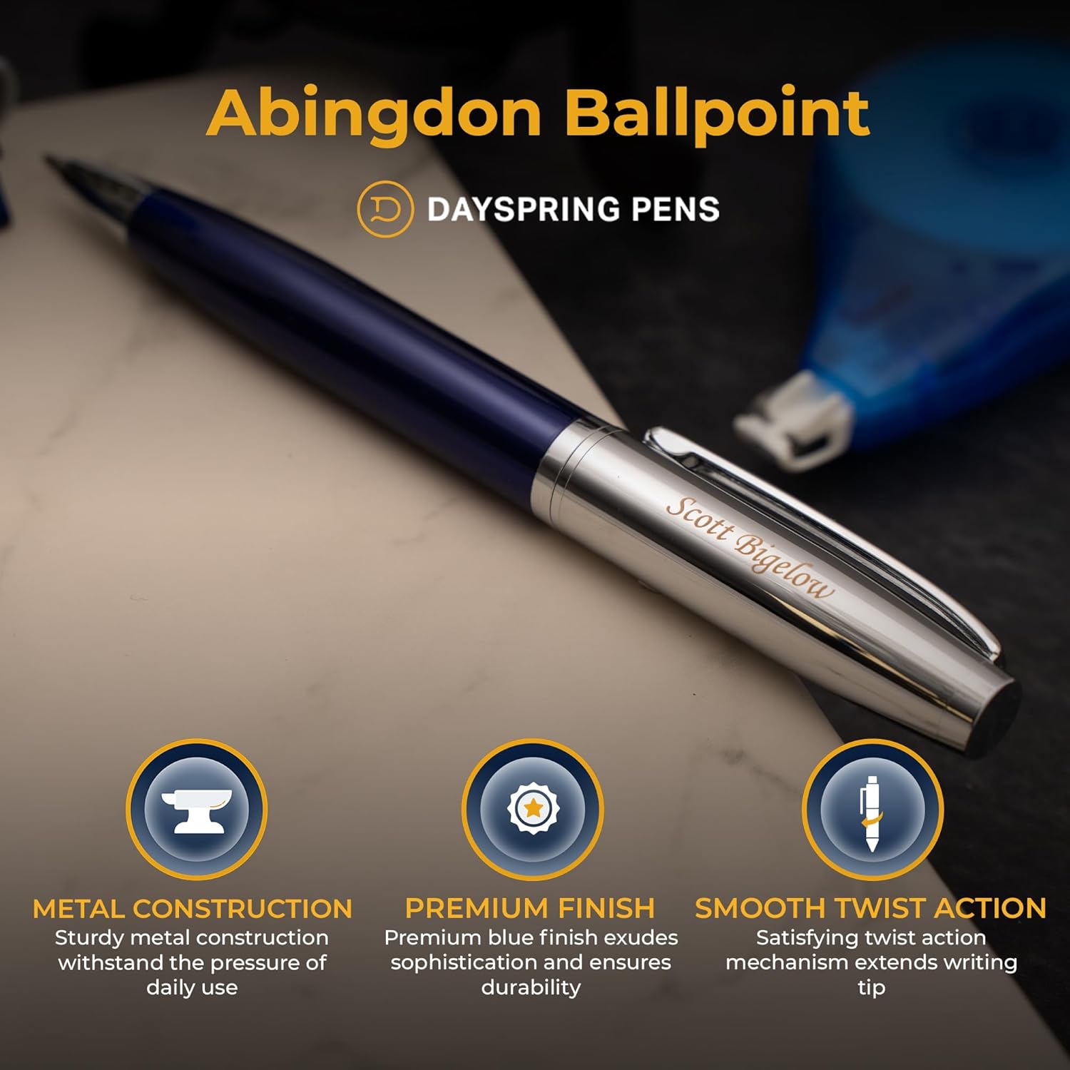 Dayspring Pens Abingdon Ballpoint Pen, Blue with Chrome Cap, Custom Engraved — Graduation, Promotion, Office, or New Hire Gift