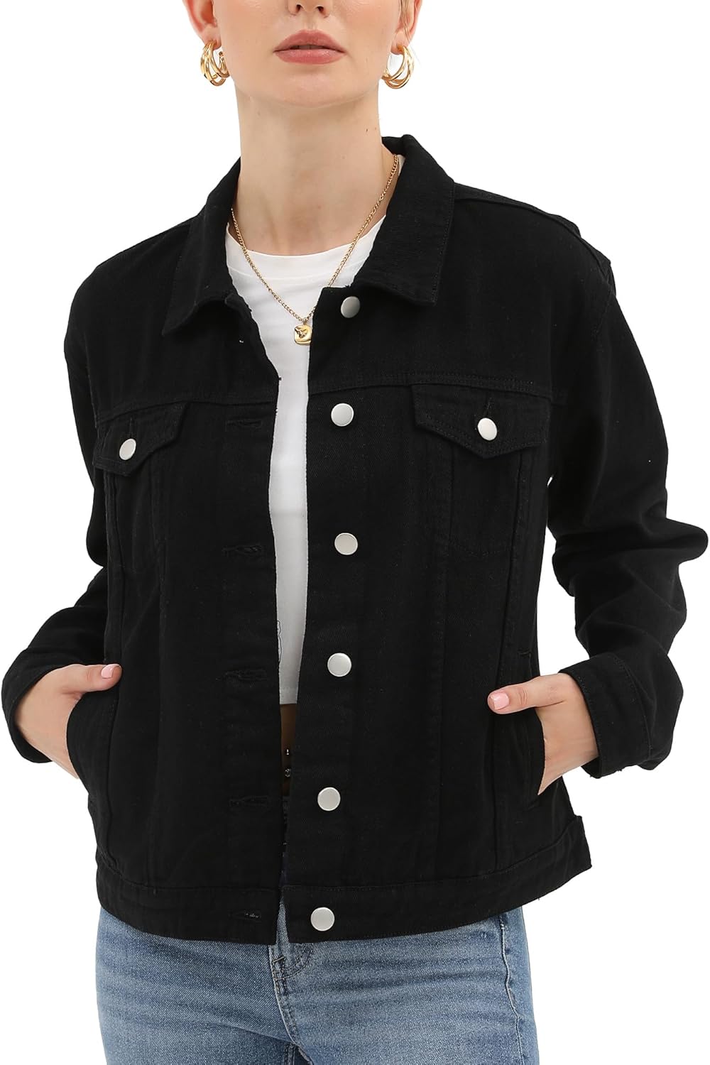 Argstar Denim Jacket for Women Button Up Long Sleeve with Pockets (Available in Inner Pockets) Black Large