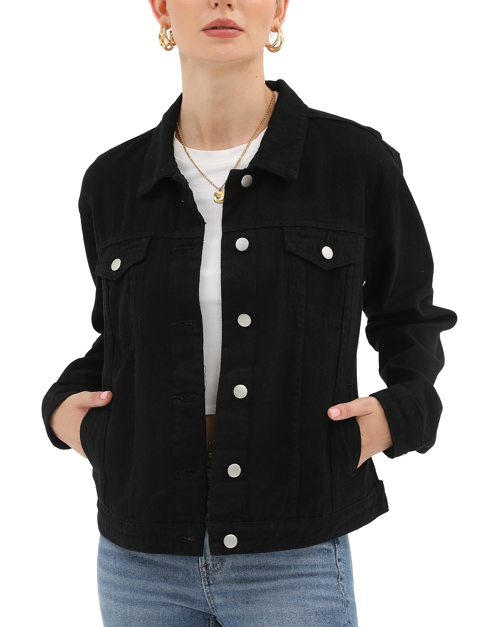 Argstar Women Denim Jacket Button Up Long Sleeve with Inner Pockets