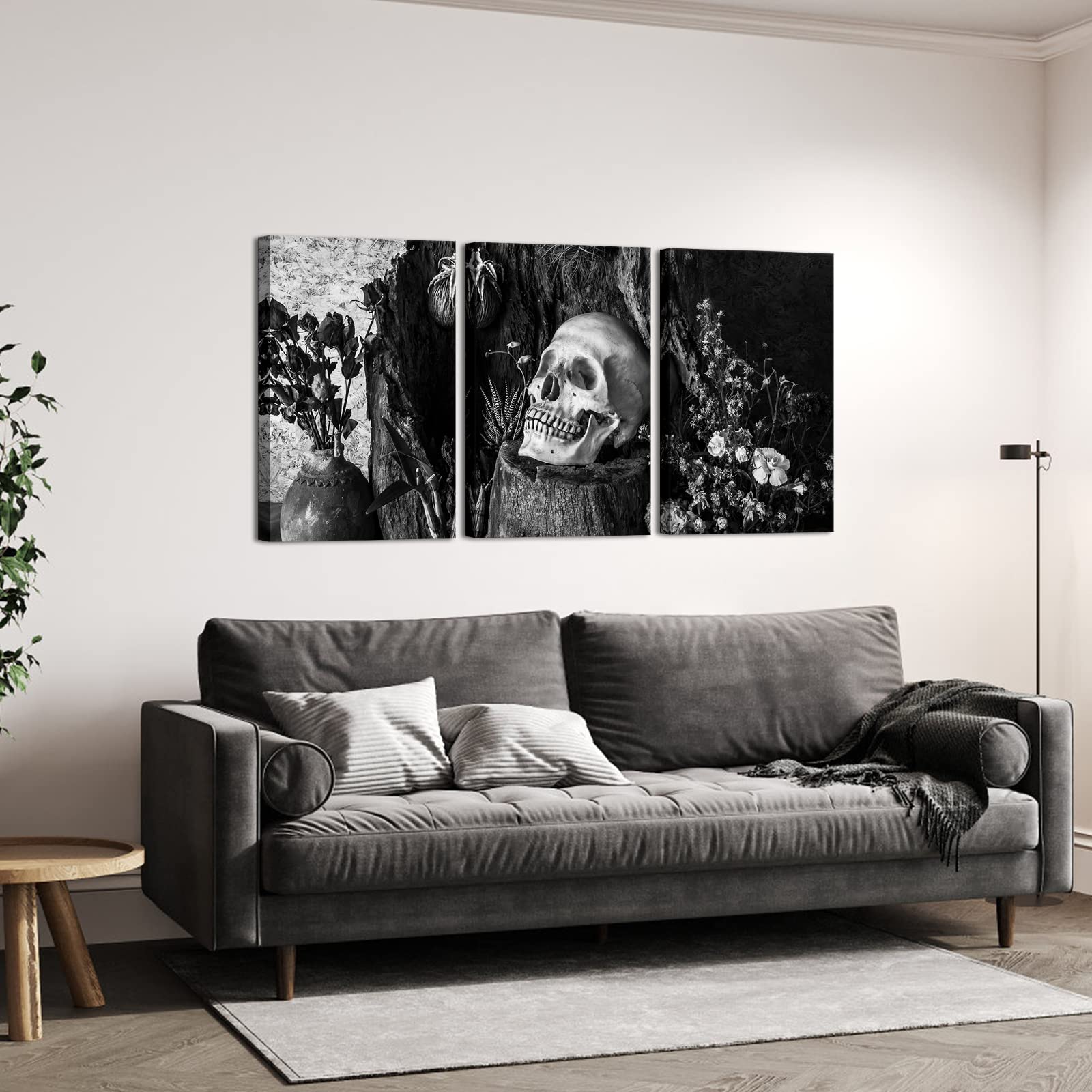 Day Of The Dead Skull Canvas Wall Art – Black & White Gothic Skeleton Flower Painting, 3-Piece Set, Gallery Wrapped, Ready To Hang (24x16 Inches Each)
