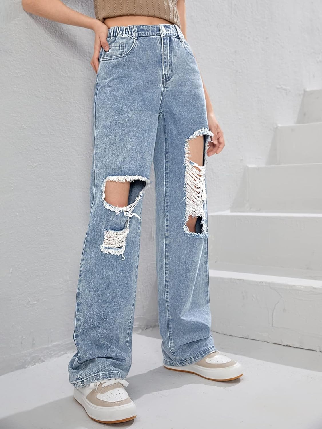 Floerns Girls Cut Out Ripped Wide Leg Jeans High Waisted Distressed Denim Pants - Image 3