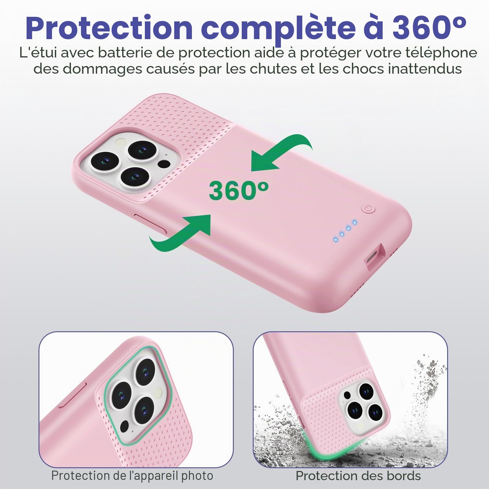 Coque Batterie pour iPhone 14/13 Pro/13 [7500mAh] - Chargeur Portable Rechargeable, Boitier d'Extension avec Verre Trempé - Étui Puissant pour iPhone 14/13 Pro/13 - Rose