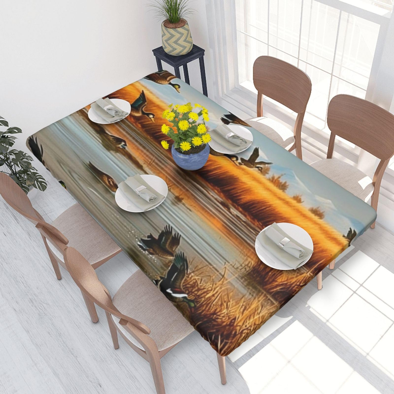 DCARSETCV Hunting Flying Wild Duck 5 Printed 4FT Waterproof Tablecloth with Elastic Edged Protect & Decor Your Table, Oil-proof Washable Table Cloth Cover for Dinner Picnic Party