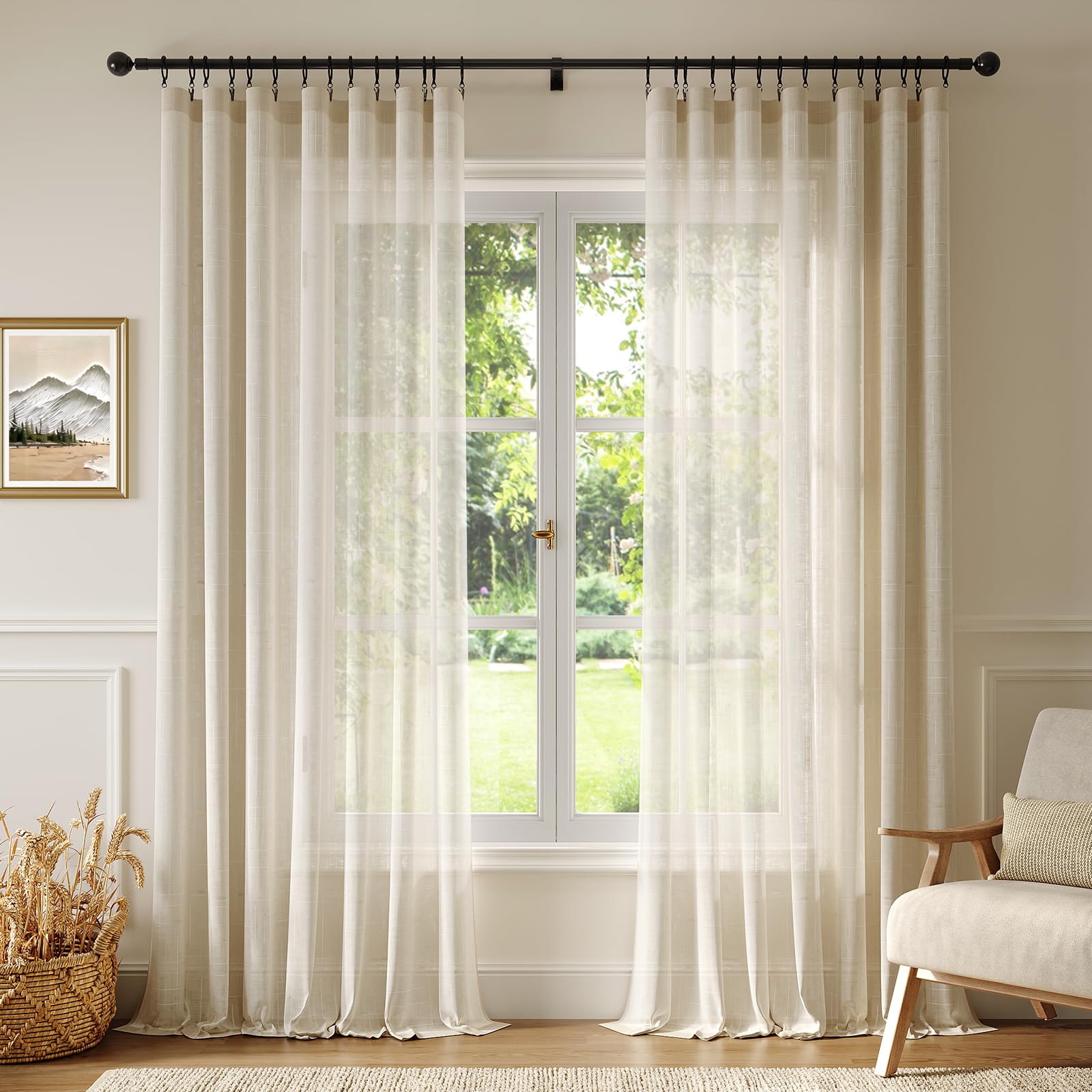 Anmao Natural Linen Curtains for Living Room 96 Inch Length 2 Panels Set, Light Filtering Semi Sheer Window Curtain Drapes for Bedroom with Curtain