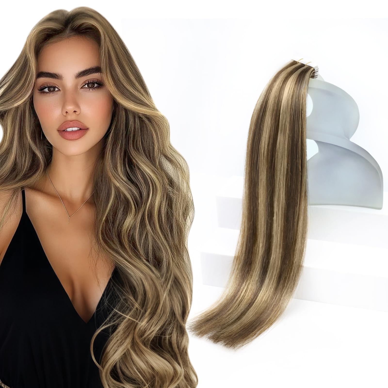Sunny Hair Tape in Hair Extensions Human Hair 12 Inch Remy Hair Extensions Tape ins for Women Dark Brown Highlight Caramel Blonde Hair Extensions Real