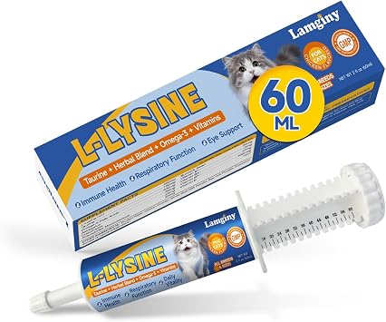 L-Lysine for Cats - Support Immune System, Respiratory & Eye Health - Cat Lysine Paste with Herbal Blends, Taurine, Omega-3, Vitamins - Reduces Sneezing, Runny Nose, Watery Eyes - 60ML, Chicken Flavor