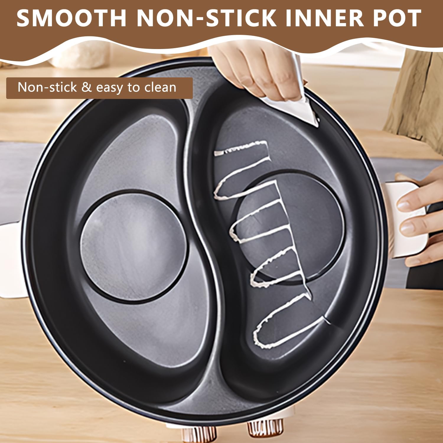 Hot Pot Elektrisch, 5.5L Doppelter Topf mit Zwei Reglern, 1600W Elektrischer Kochtopf mit Trennwand - 3 Speed Settings, Multifunktionale Hotpot für Braten Ramen Fondue und GemüSe Rühren
