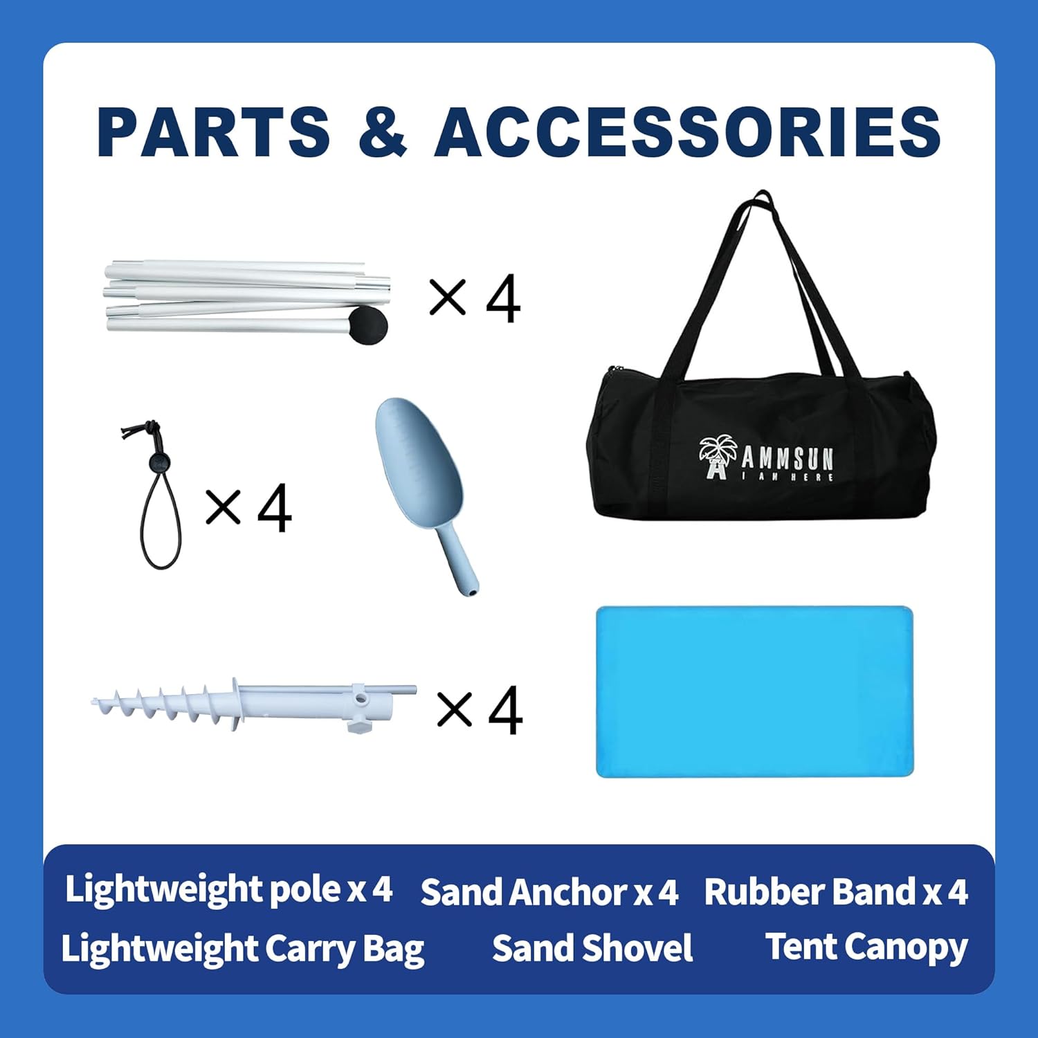 AMMSUN Beach Tent Sun Shelter, 10x10.5 FT Beach Canopy Tent Sun Shade with 4 Sand Anchor & Sand Bags | UPF 50+ Protection | 4 Thickened Poles | Windproof & Lightweight for Camping, Sky Blue