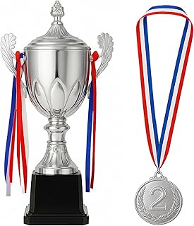 Dorhui Award Trophy 16.5 Inch Large Winner Trophy Cup and Award Medal with Ribbon for Kids and Adults for Sports, Competitions, Tournaments (Silver)