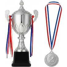 Dorhui Award Trophy 16.5 Inch Large Winner Trophy Cup and Award Medal with Ribbon for Kids and Adults for Sports, Competitions, Tournaments Silver
