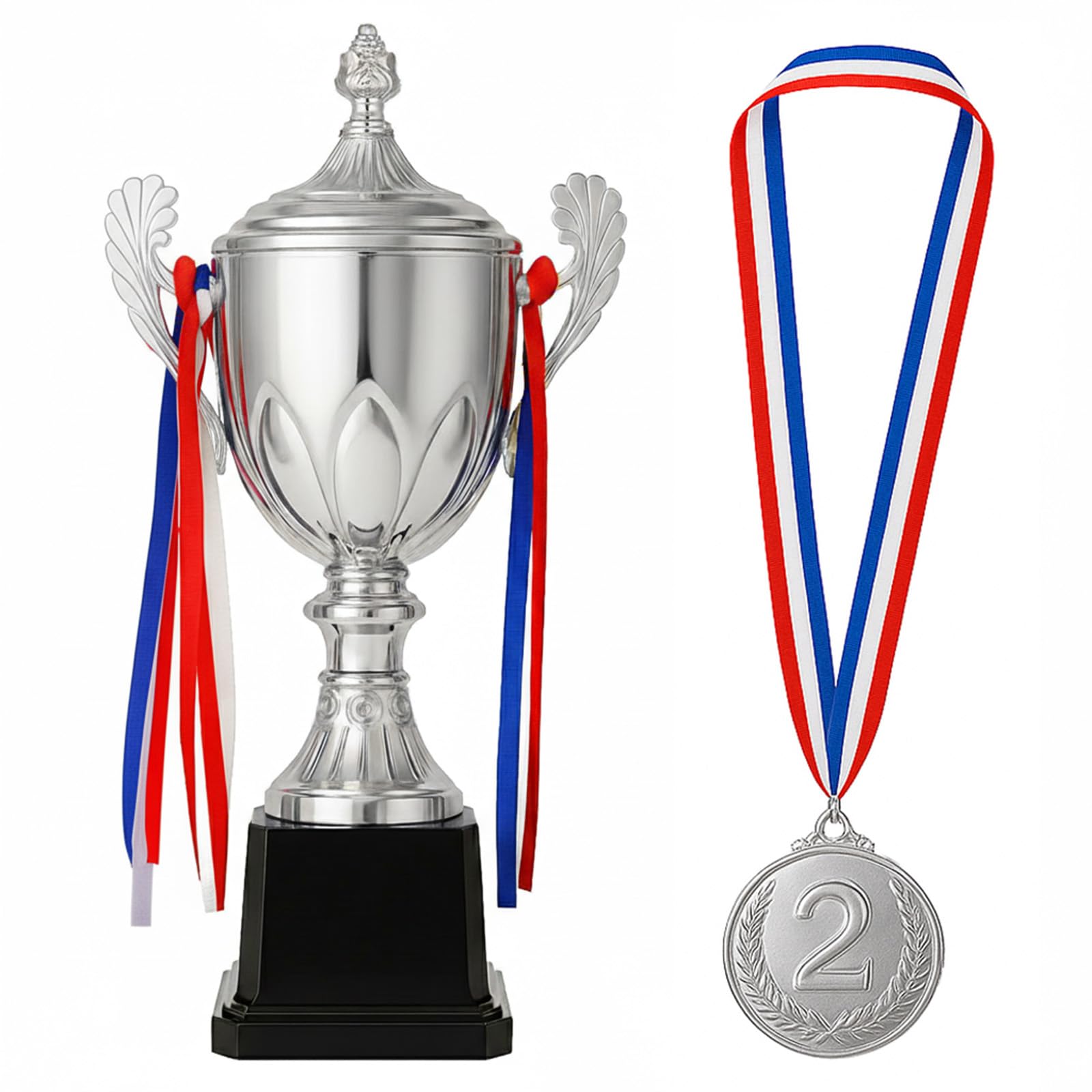 Trofeo premio grande 41,5 cm, coppa e medaglie premio con nastro, per bambini e adulti, per sport, competizioni, tornei (argento)