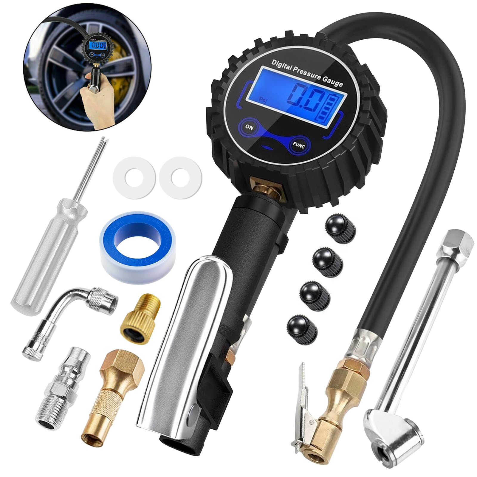 Testeur de pression d'air - Gonfleur de pneu - Avec manomètre, manomètre - Testeur de pression d'air numérique avec écran LCD rétroéclairé - Pour véhicule, moto, voiture
