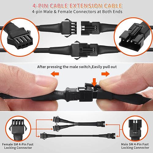 Miniatura 3 de 4 cables de extensión RGB de 47 pulgadas y 4 pines para motocicleta y 2 divisores de 2 vías, tira de luces de neón LED multicolor para motocicletas,