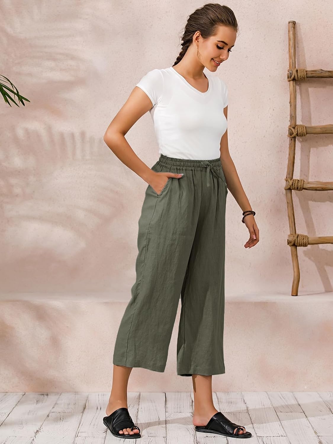 ECUPPER Womens Linen Cropped Pants Loose Casual Capri Cotton Wide Leg Plus Size Elastic Waist with Drawstring Trouses