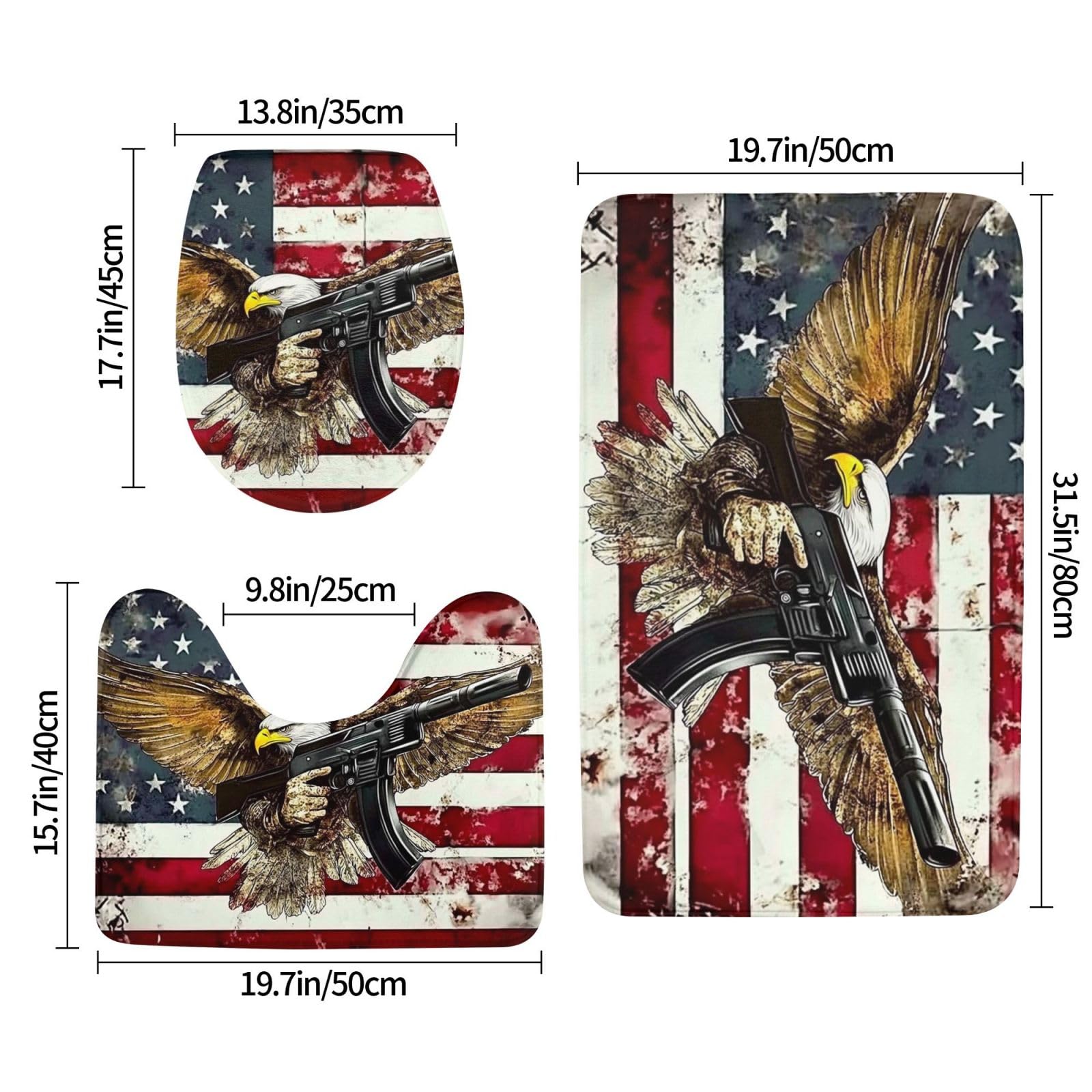 Juego de alfombras de baño de 3 piezas, diseño de bandera estadounidense y águila, tapetes de baño de espuma viscoelástica suave y absorbente y alfombra de inodoro en forma de U, decoración del hogar