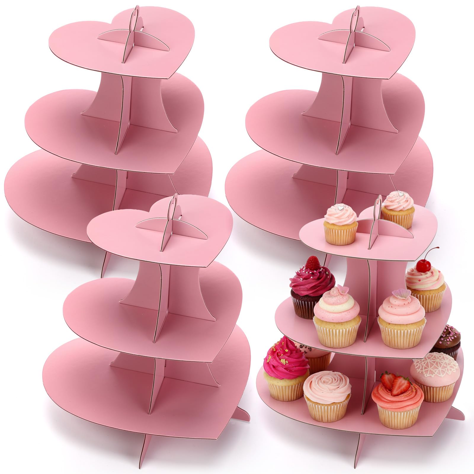 Willinglong 4 Pcs 3 Tier Pink Cupcake Stand Heart Cardboard Cupcake Stand