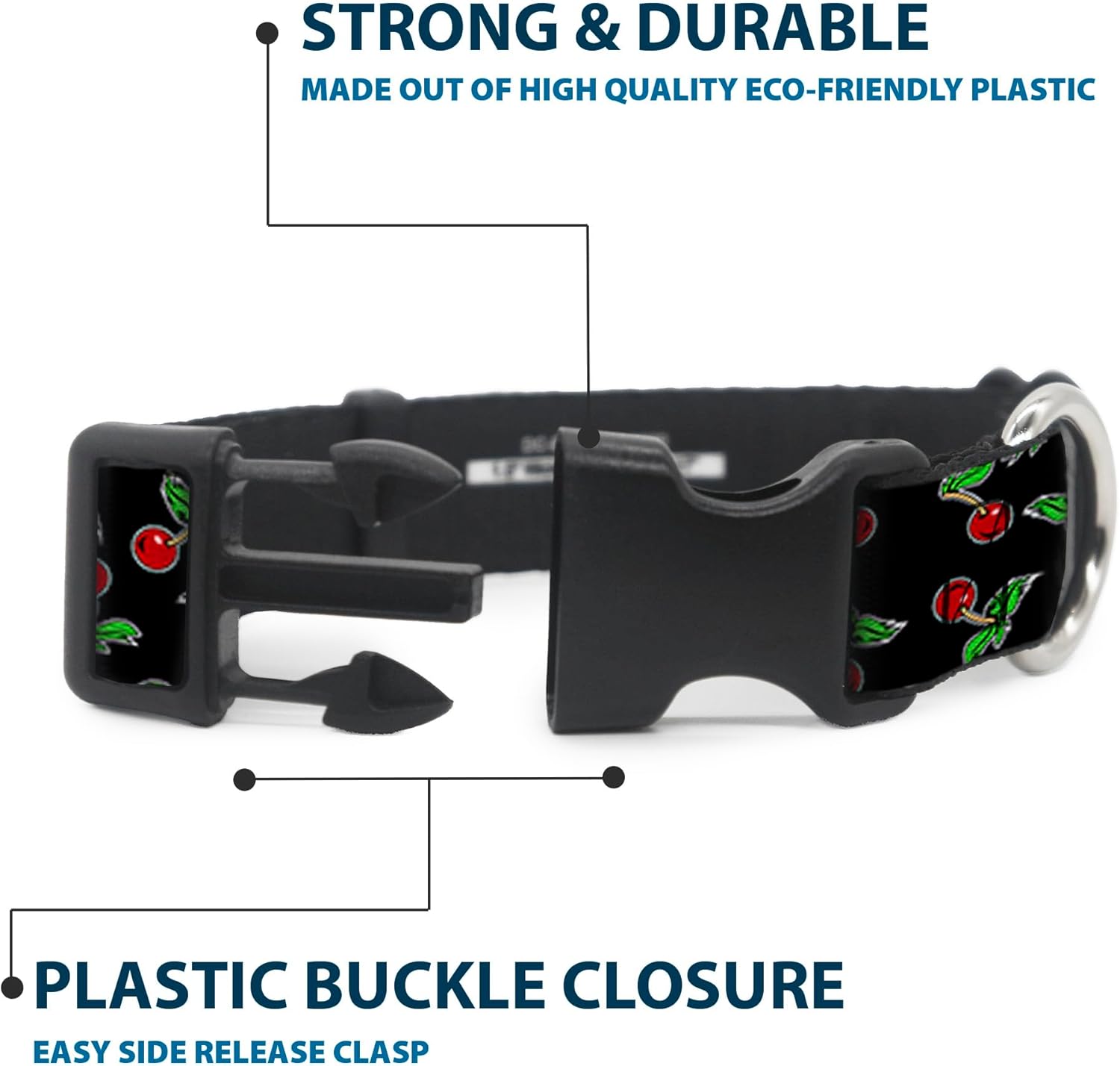 Buckle-Down Plastic Clip Collar - Cherries Scattered Black - 1.5" Wide - Fits 16-23" Neck - Medium