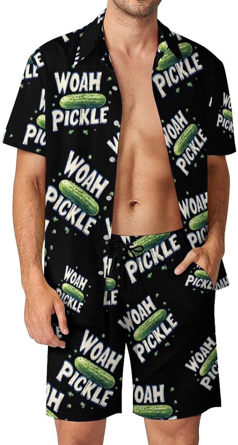 Woah Pickles Cucumbers Summer Mens Vacation Outfits Beach Shirts Shorts Matching Set