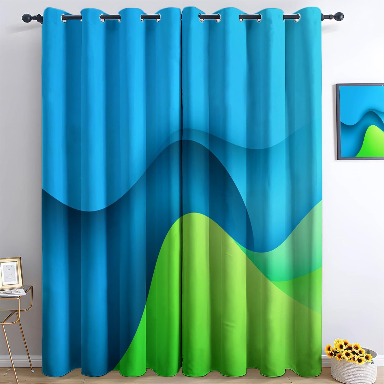 Générique Rideaux Occultants Enfant Minimalisme Lignes 110 x 215 cm (L x H), Isolation Phonique à Œillets Dégradés Formes Plates, pour Chambre Garçon (2 Panneaux) Bleu