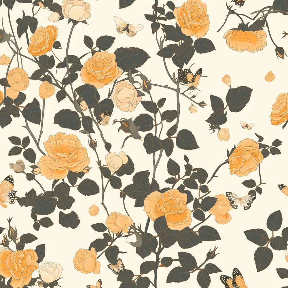 JIAOQSS Self Adhesive Wallpaper Boho Roses Floral Stick on Wallpaper Butterfly Orange Blue Yellow Flowers Vinyl Sticky Back Plastic Wallpaer Waterproof for Wall Furniture Living Room Bedroom Bathroom