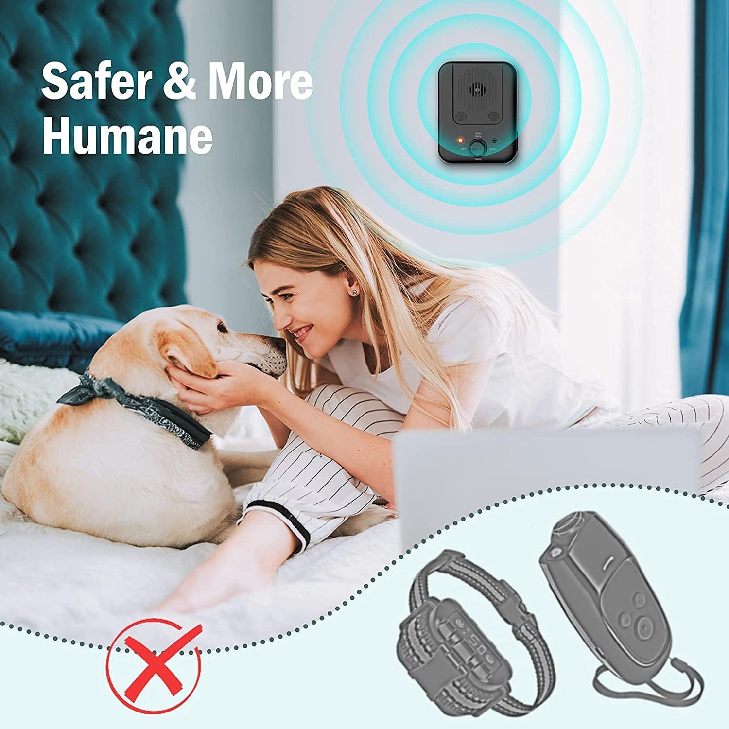 Queenmew Anti Barking Device, 3 Adjustable Sensitivity and Frequency Levels Sonic Bark Contral Device, 33 Ft Range Ultrasonic Dog Bark Deterrent, Rechargeable Dog Bark Control Indoors and Outdoors
