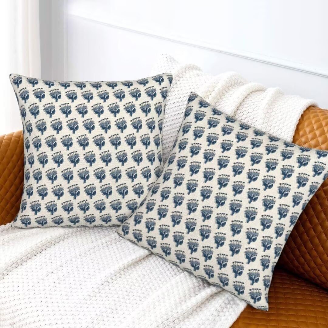 Blue Floral Pillow Covers 18 x 18 Inch Set of 2 Flower Leaves Block Print Decorative Throw Pillow Covers Outdoor Linen Farmhouse Cushion Cases for Home Sofa Couch Living Room Decor - Image 5