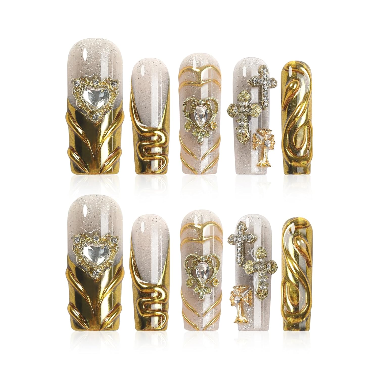 Handmade Long Square Press on Nails XL Magic Mirror Gold French Tips with 3D Cross Heart Charms, Glamorous Acrylic Fake Nails for Women, Full Cover Glue on Nails for Party Wedding