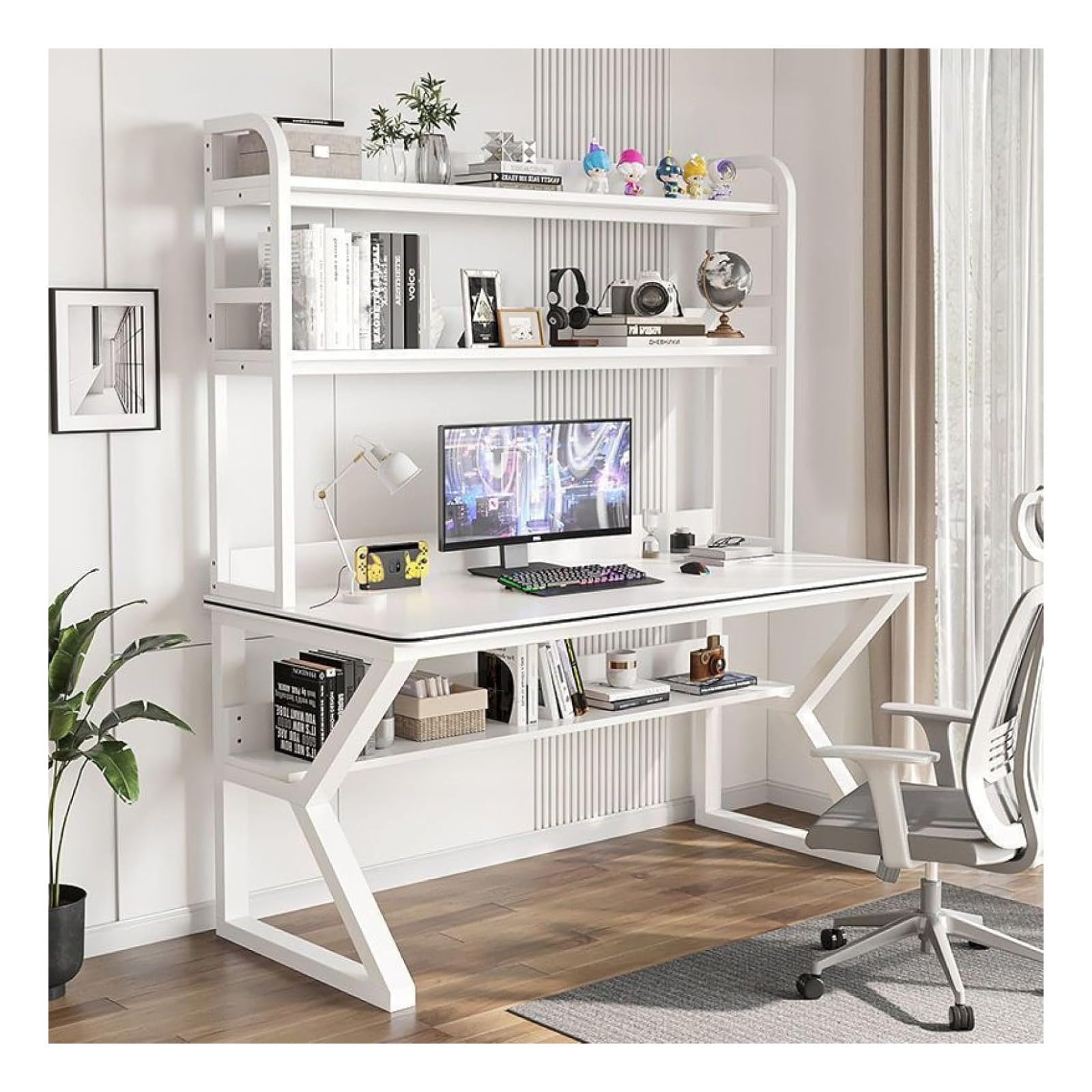 Wdsopk White Computer Desk Home Office Desk Computer Desk With Hutch And Bookshelf, Pc Study Writing Desk,Bookshelf Workstation For Study Play Work Bedroom Home Office（-47Inch）