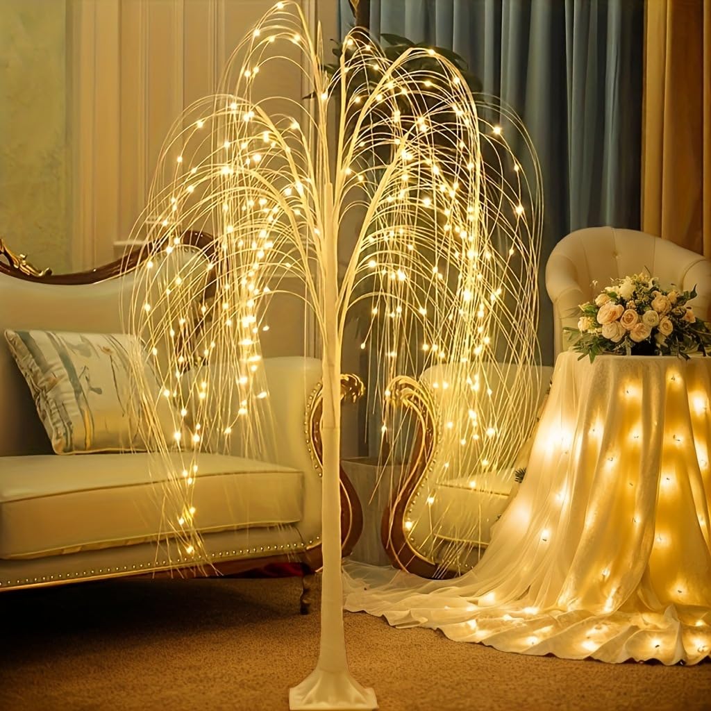 Białe drzewko LED 150 cm, sztuczna choinka bożonarodzeniowa z oświetleniem, 216 lampek LED, lampki Willow Tree Lights z kablem USB, dekoracje świąteczne LED drzewko białe-ciepłe do wnętrz,180cm