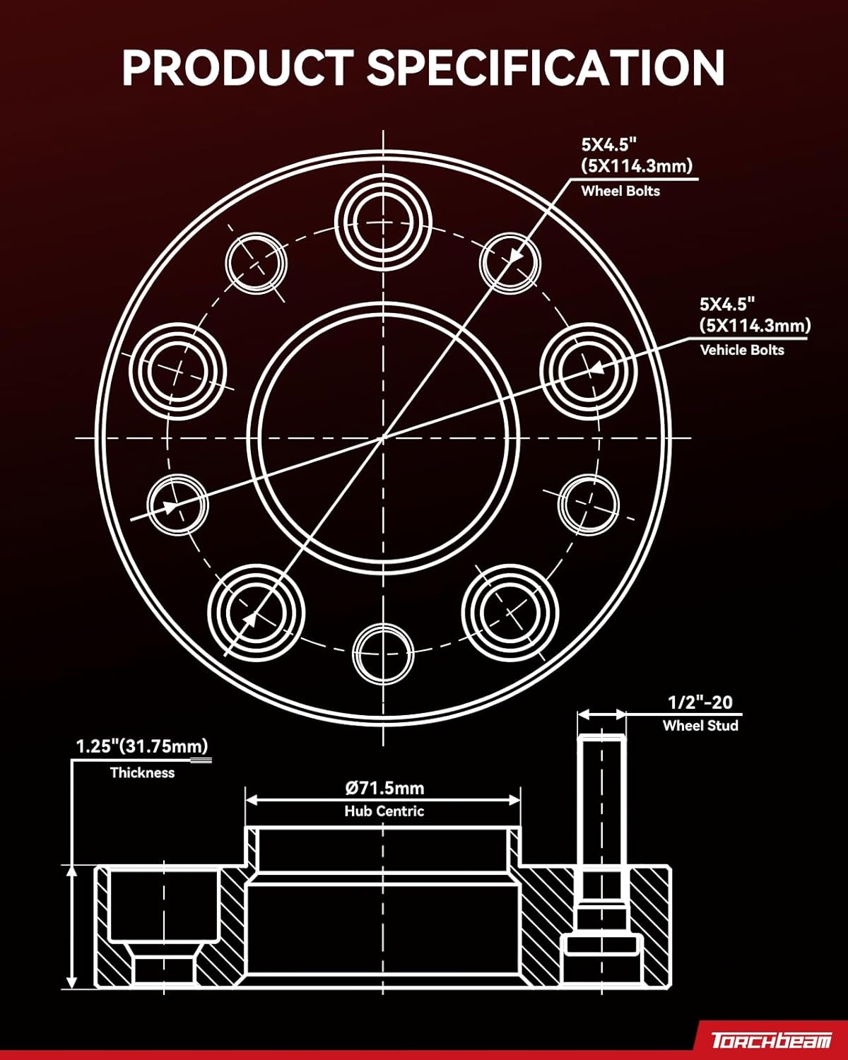 Torchbeam 5x4.5 1.25 inch Hub Centric Wheel Spacer for Mustang, Liberty, Ranger, Explorer, Wrangler, Edge, Cherokee, Nitro, Grand Marquis, Explorer Sport Trac, Town Car, 71.5mm Center Bore & 1/2" x20