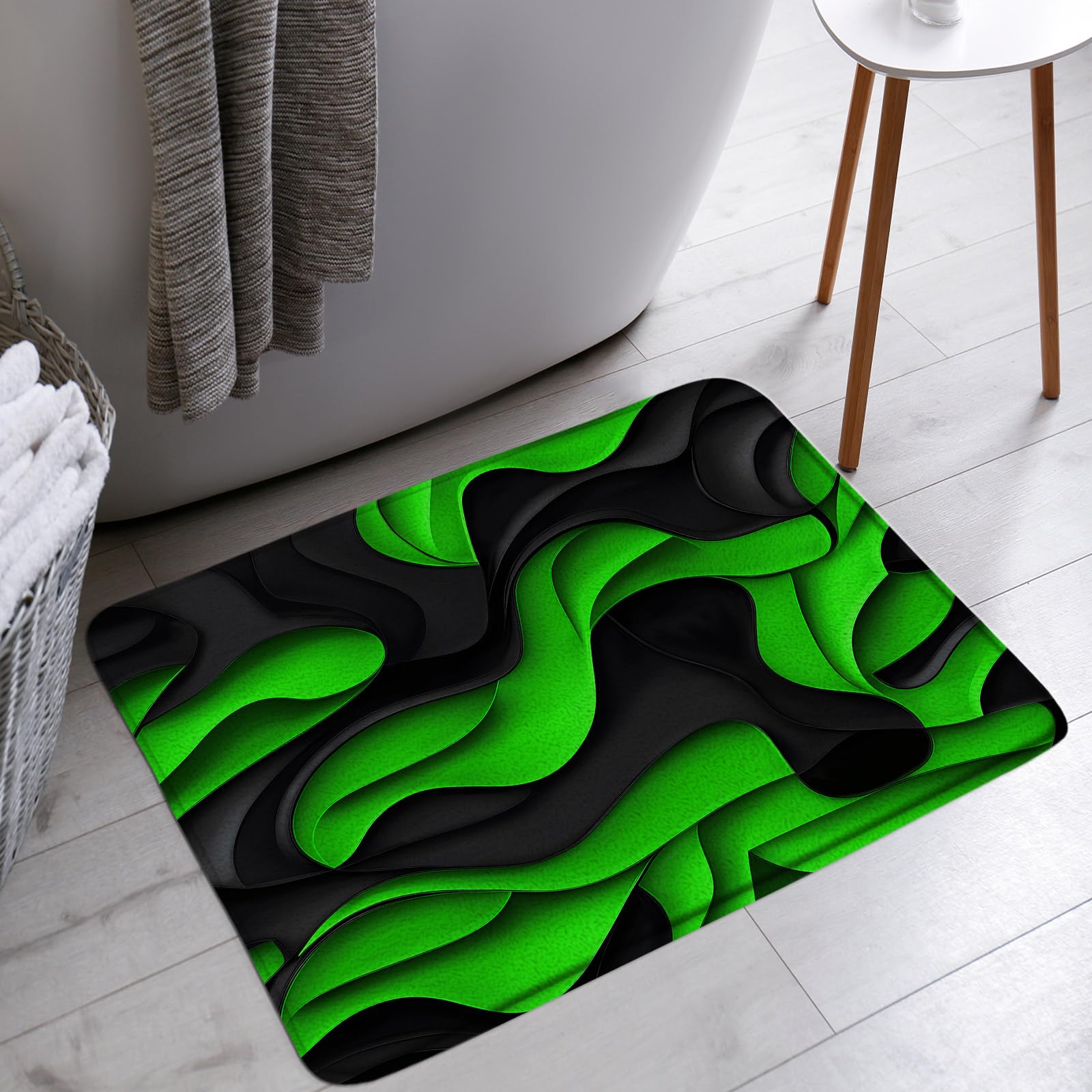 AMFD Black Green Bath Mat Modern Abstract Geometric 3D Gradient Design Futuristic Aesthetic Fashion Bathroom Bathtub Floor Rugs Doormat Toilet Decor,