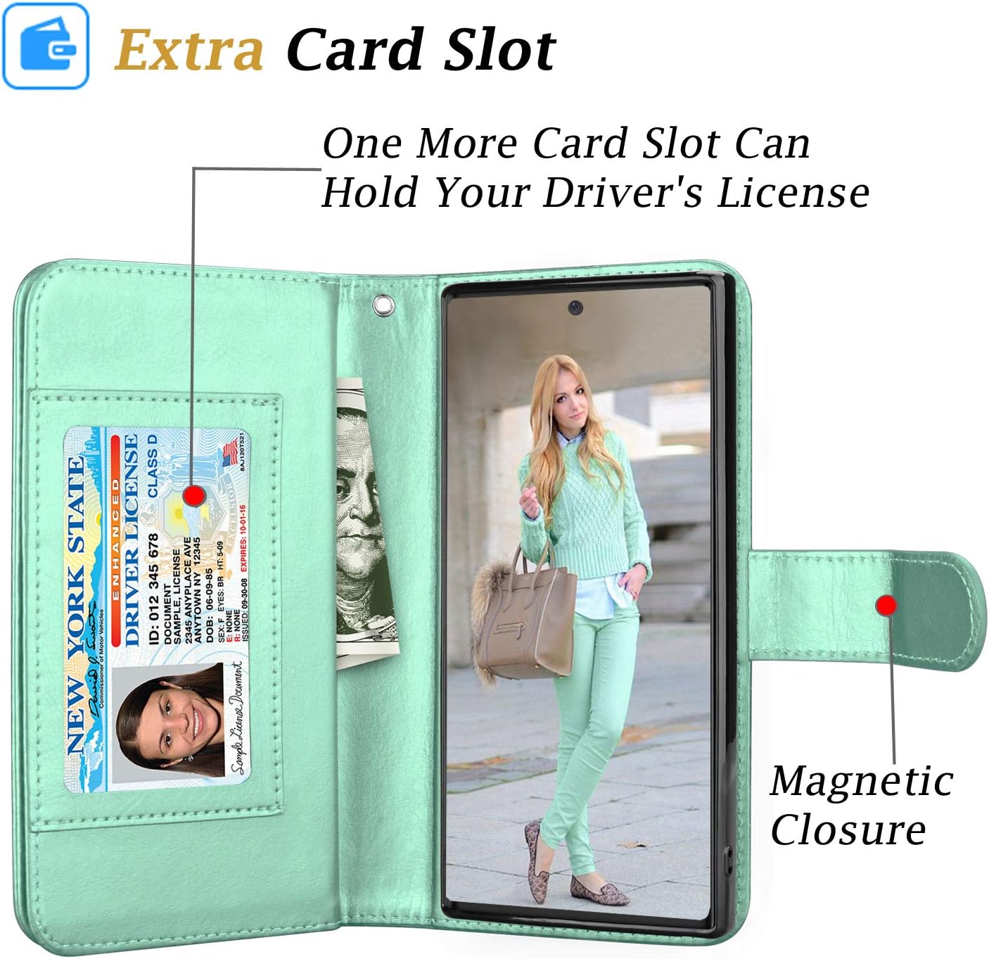 Takfox for Samsung Note 10 Plus Case Wallet, for Galaxy Note 10+ Plus 5G Phone Case PU Leather w 9 ID Credit Card Holder Slots Folio Flip Magnetic Detachable Hard Case & [Wrist Strap]-Turquoise
