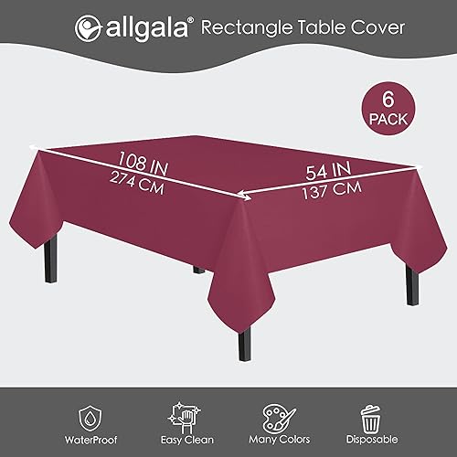 Miniatura 2 de allgala Mantel desechable resistente al agua, paquete de 6 manteles de 54 x 108 pulgadas, borgoña, para fiestas, cumpleaños, bodas, picnic, fiestas,