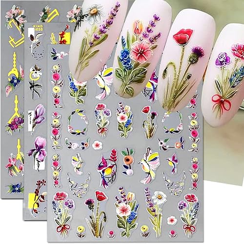 Dornail Calcomanías de uñas bronceadas en relieve 5D, 3 hojas de flores de primavera, hierba, pájaro, calcomanías de arte de uñas, accesorios de