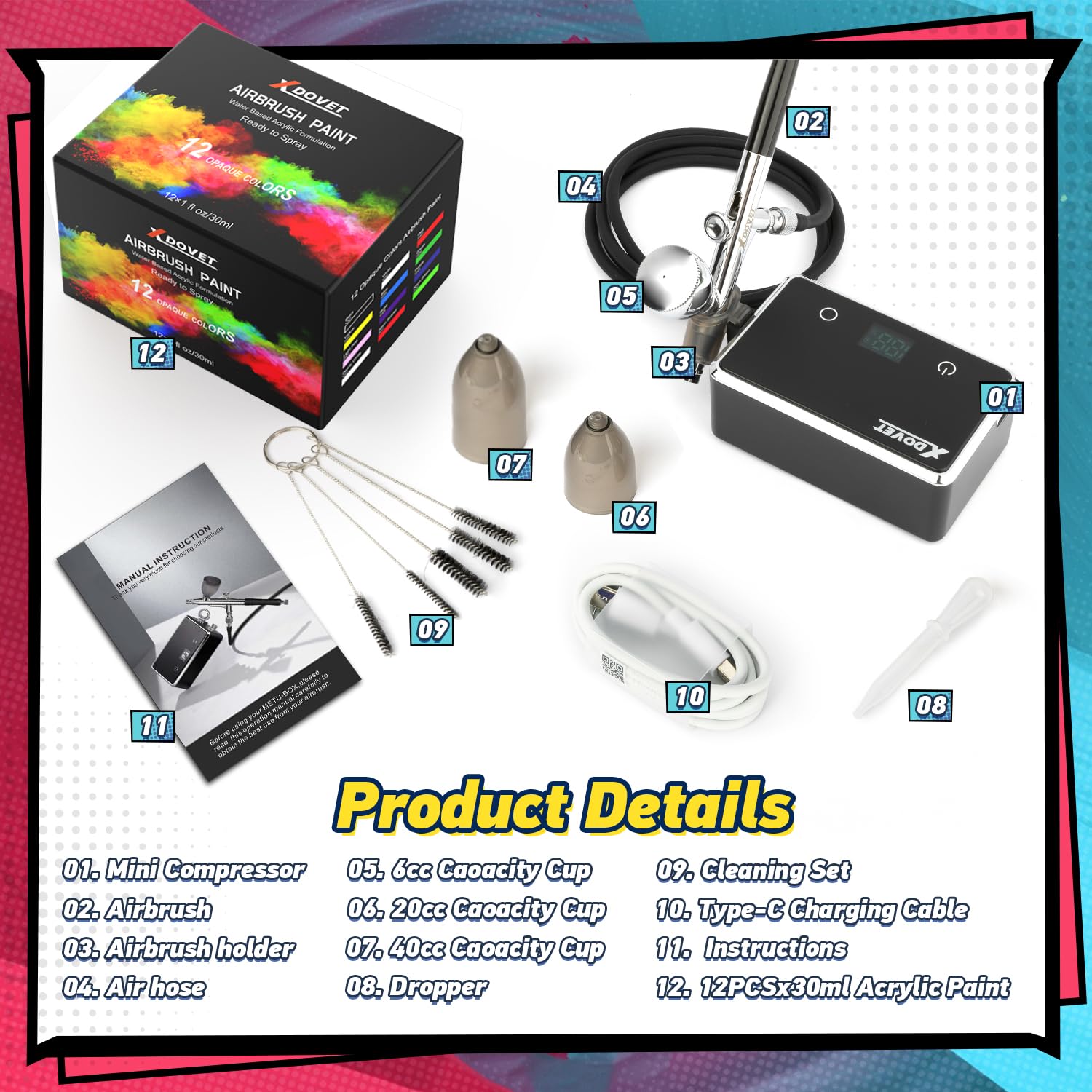 XDOVET Verbessertes 32 PSI Airbrush Set mit Farblack 12 Farben/ 30ml, Dual-Action Airbrush Set mit Modellbau Farbstoffe, Tragbares Airbrush Set mit Kompressor für Färbung