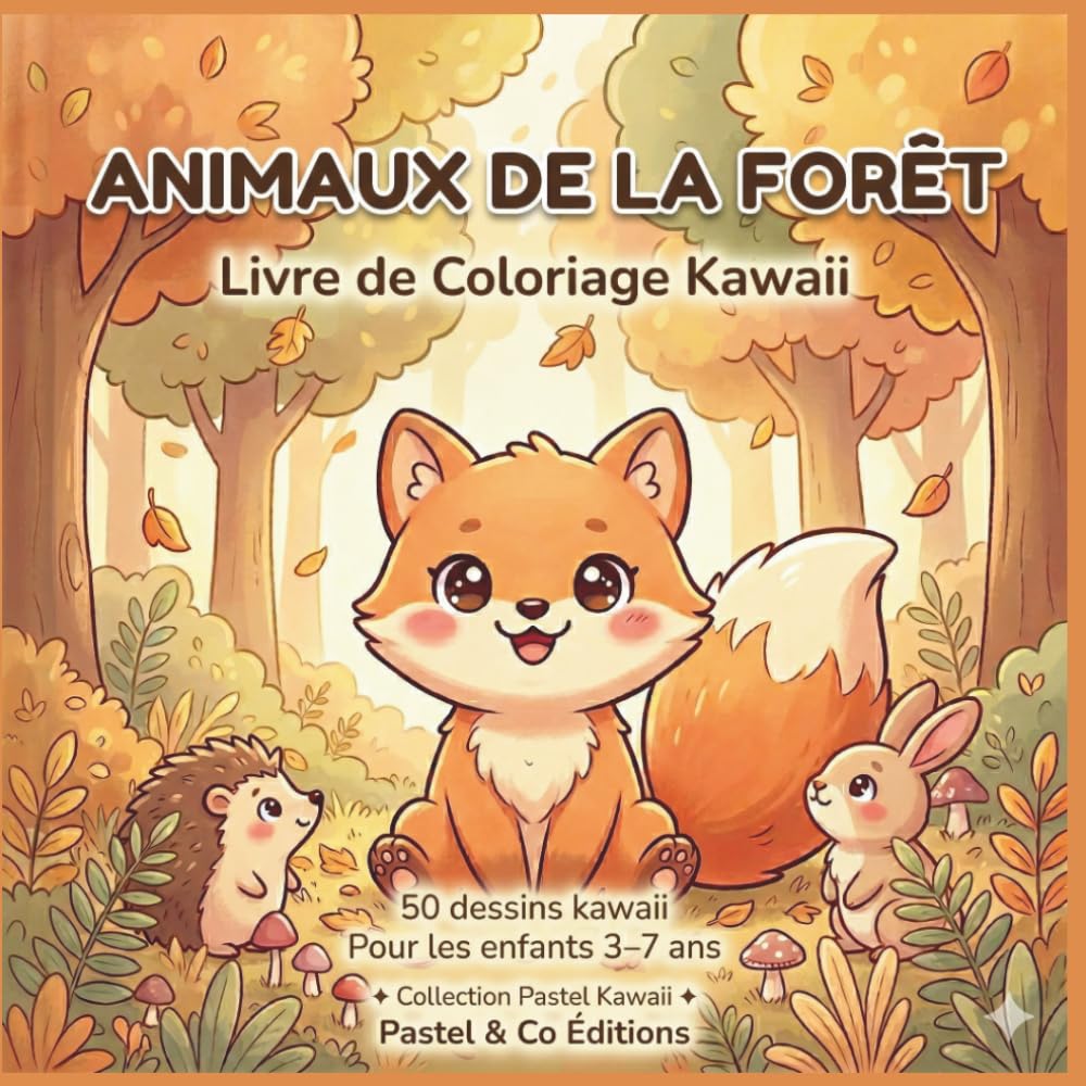 Animaux de la Forêt - Livre de Coloriage Kawaii pour Enfants de 3 à 7 ans: 50 Dessins Kawaii Mignons à Colorier | Renard, Lapin, Hérisson, Hibou et ... | Grand Format | Cadeau Idéal Fille Garçon