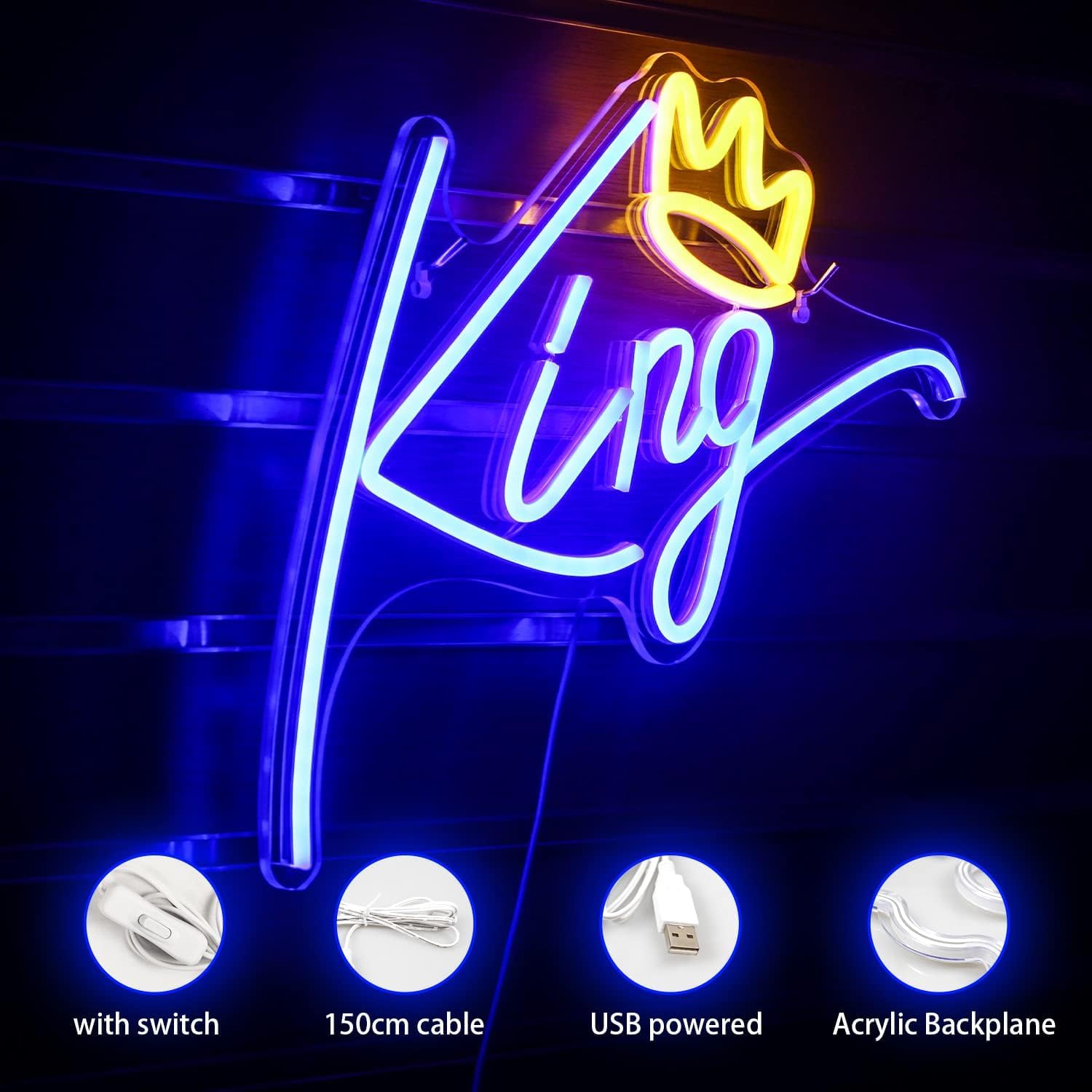 ineonlife King Neon Sign Blue Letters Led Neon Light Pink Crown Led Neon Signs Wall Decorative Lights for Bedroom Kids Room Teen Boys Room Birthday Wedding Party Bar Decor with USB Power - Image 3