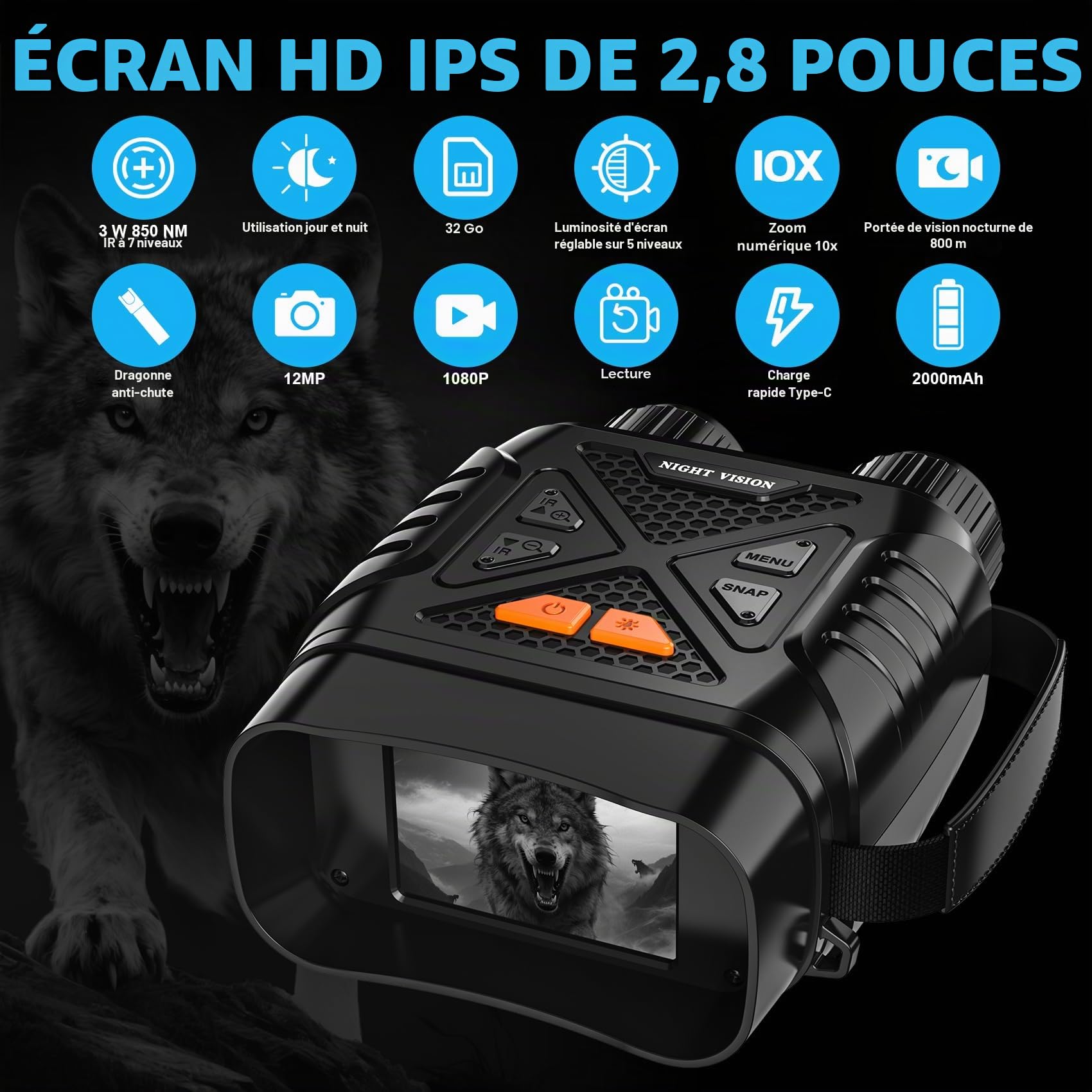 Jumelles Vision Nocturne, 10X Zoom Numérique Infrarouge Vision Nocturne, écran IPS HD de 2.8'', 7 Niveaux IR, Portée Visuelle 800 M, Carte TF 32 Go, Le Camping et l'observation de la Faune sauvag