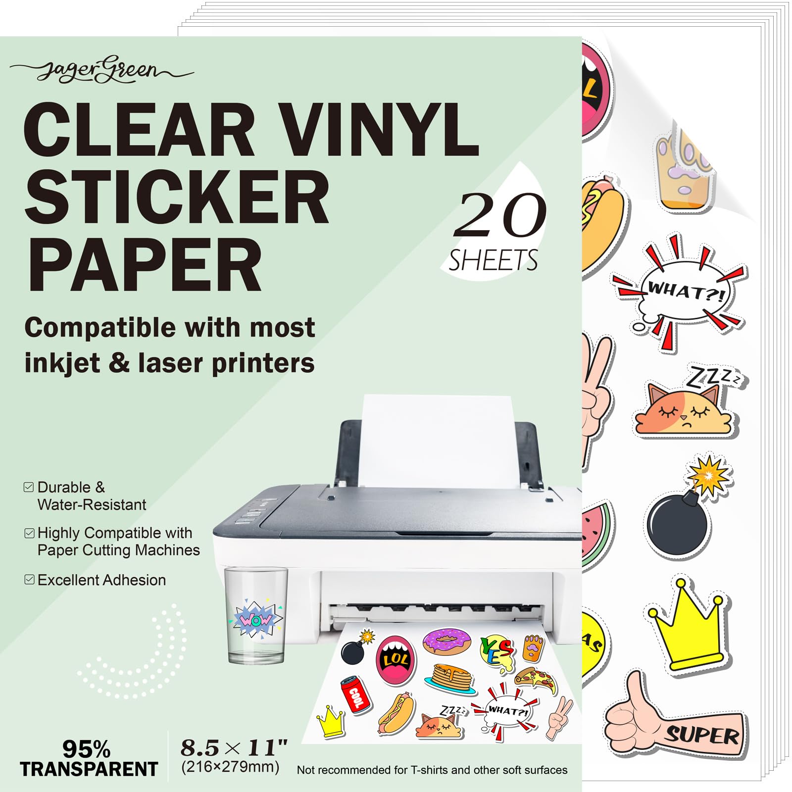 JAGERGREEN Clear Printable Vinyl Sticker Paper for Inkjet & Laser Printer