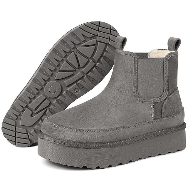 Goldnut Winter Platform Ankle Chelsea Boots for Women Slip On Snow Grey Booties