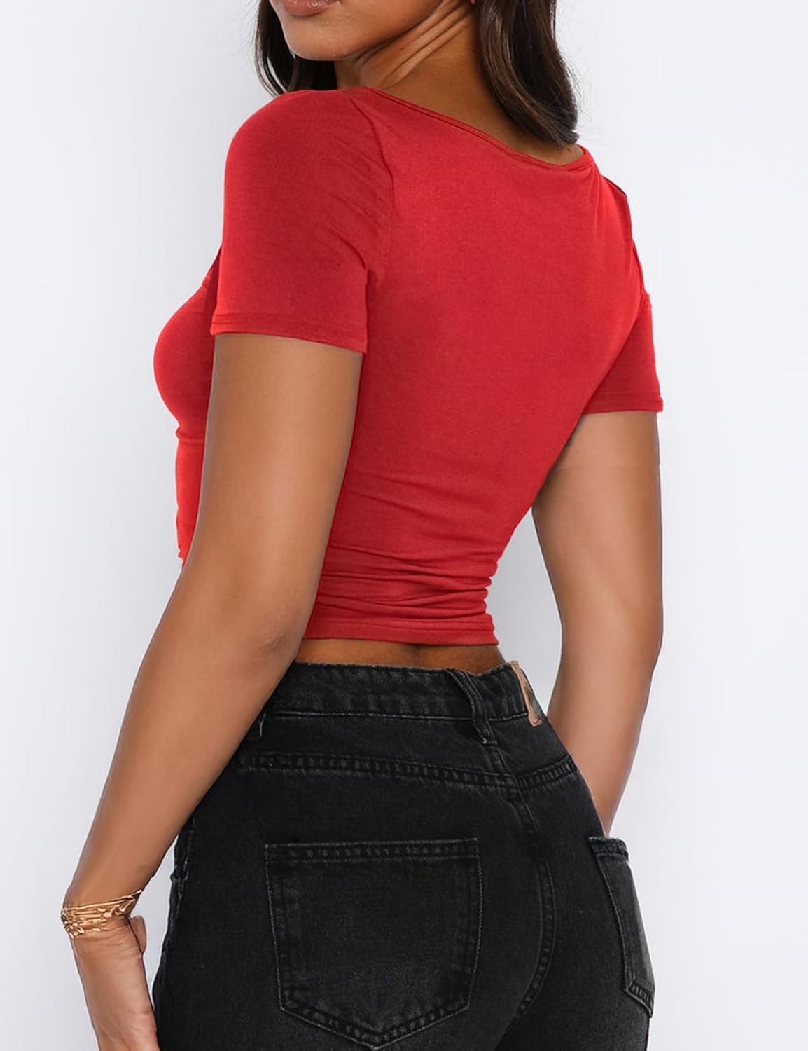 Women's Short Sleeve Going Out Crop Top Sexy Pleated Cute Shirt Sweetheart Neck Y2K Ruched Cropped Tops - Image 4