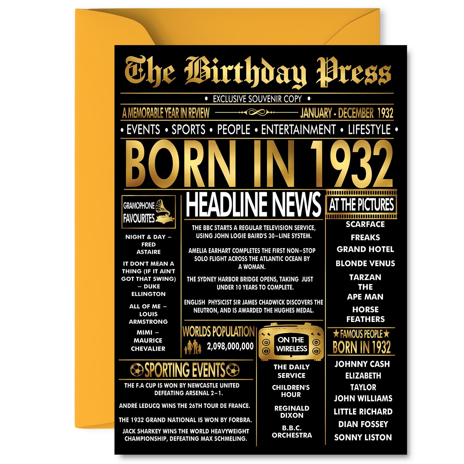 Gold 94th Birthday Card for Men Women - Black & Golden Newspaper Born in 1932 - Happy 94 Birthday Cards for Wife Auntie Nanny Uncle Grandma Husband, 5x7 Inch Bday Greeting Cards