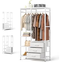 Reversible Open Wardrobe 3 Drawers & Shelves, 150kg Clothes Rail, Garment Rack for Bedroom Entryway Living Laundry, Easy Assembly