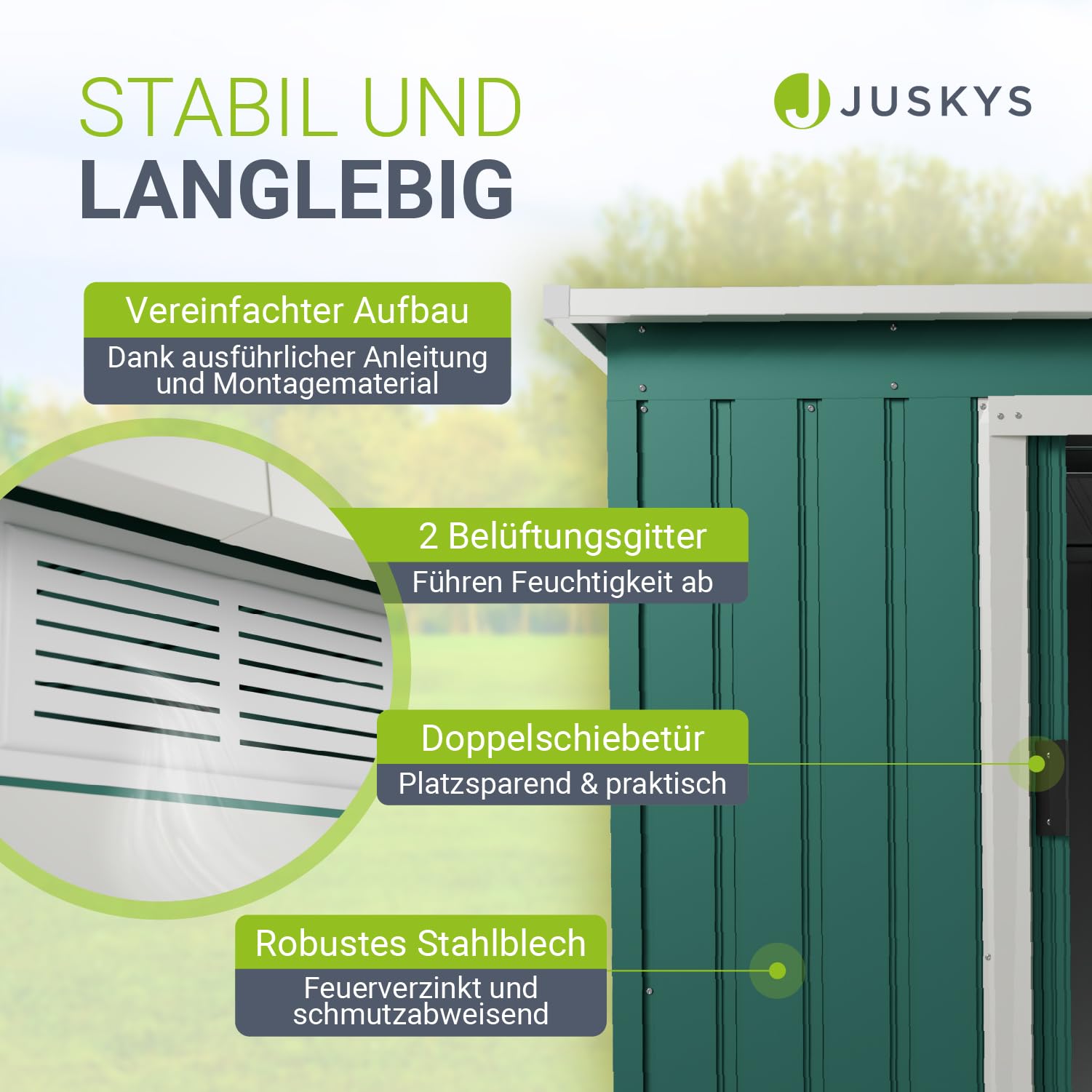 Juskys Metall Gerätehaus M 4 m³ mit Fundament, 213 x 130 x 173 cm, Geräteschuppen mit Pultdach & Schiebetür, Stahl Gartenhaus Garten Schuppen, grün